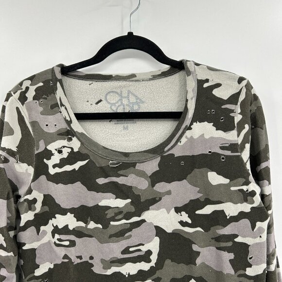 CHASER *Flawed* Gray Green Camo Distressed Destroyed Crewneck Sweatshirt Medium - Picture 3 of 7